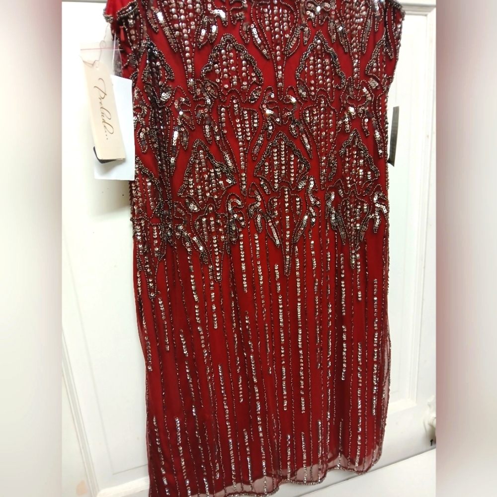 Prelude Elegant Cranberry Red Beaded Rayon Knee High Dress Size 16 New With Tags - Picture 8 of 11